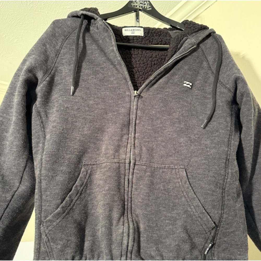 Vtg Billabong Hoodie Mens S-Charcoal Black Striped-Full Zip-Sherpa‎ Lined-Logo